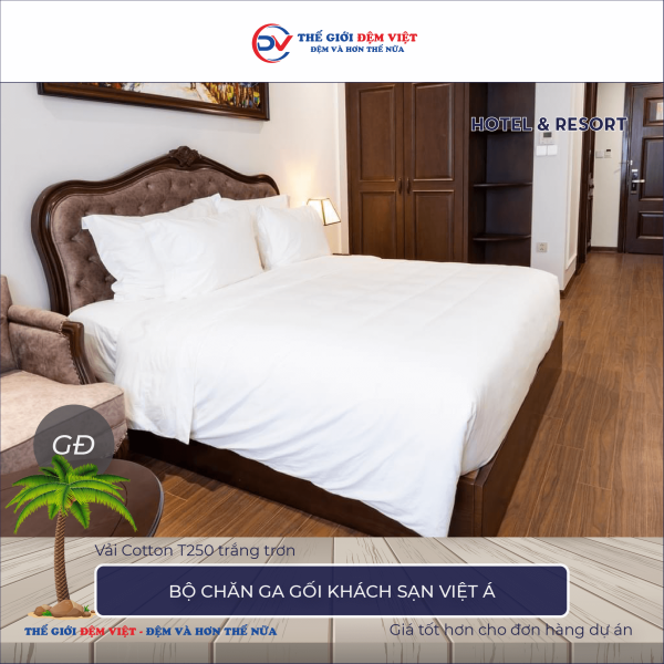 Bộ chăn ga gối khách sạn Việt Á vải Cotton T250 màu trắng trơn 7-3